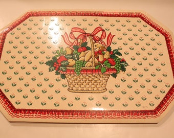Vintage Town & Country Holiday Teddy Bear in Basket Placemat Set