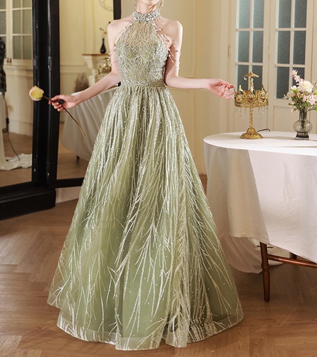 Green Satin A-line Beaded Halter Prom Dress, Green Scoop Long Party Dress main image 1