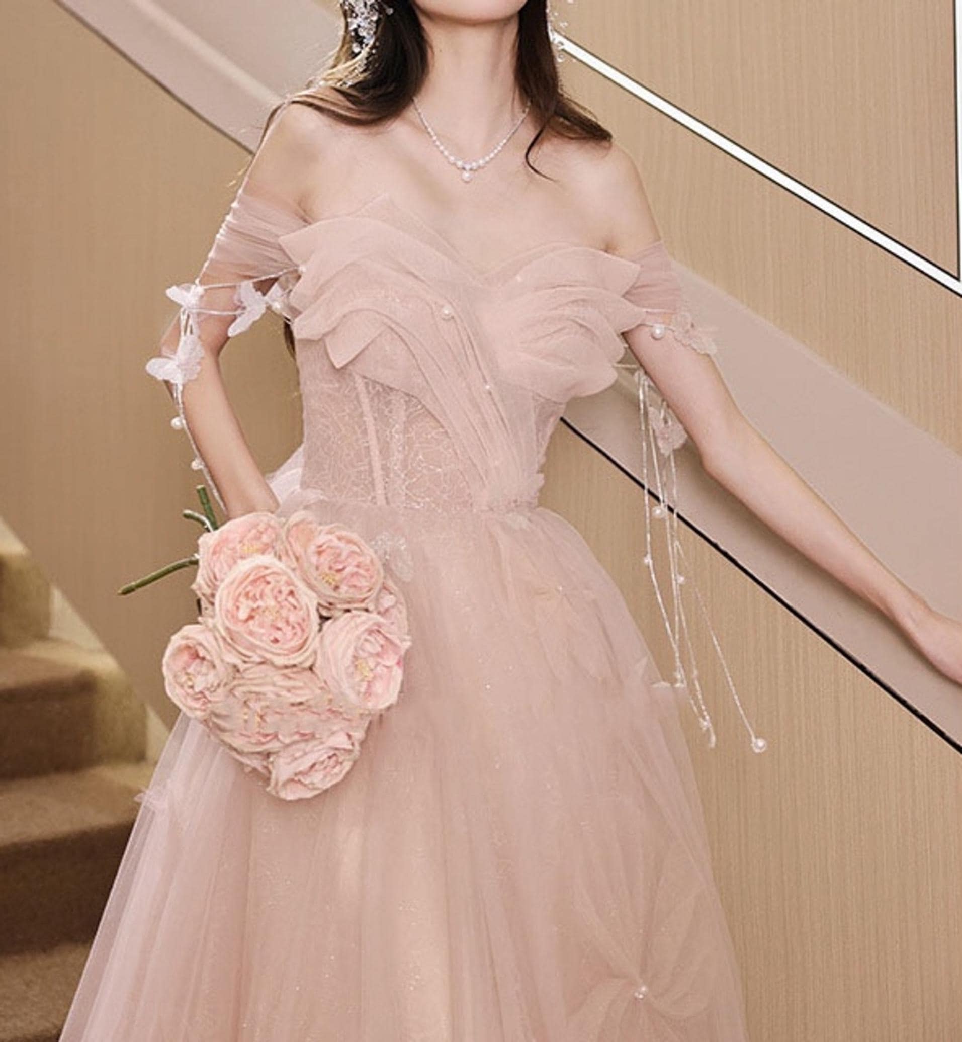 Pink Beaded off Shoulder Prom Dress, Tulle Prom Dress, Lace Pink Beaded off Shoulder Prom Dress, Tulle Prom Dress, Lace