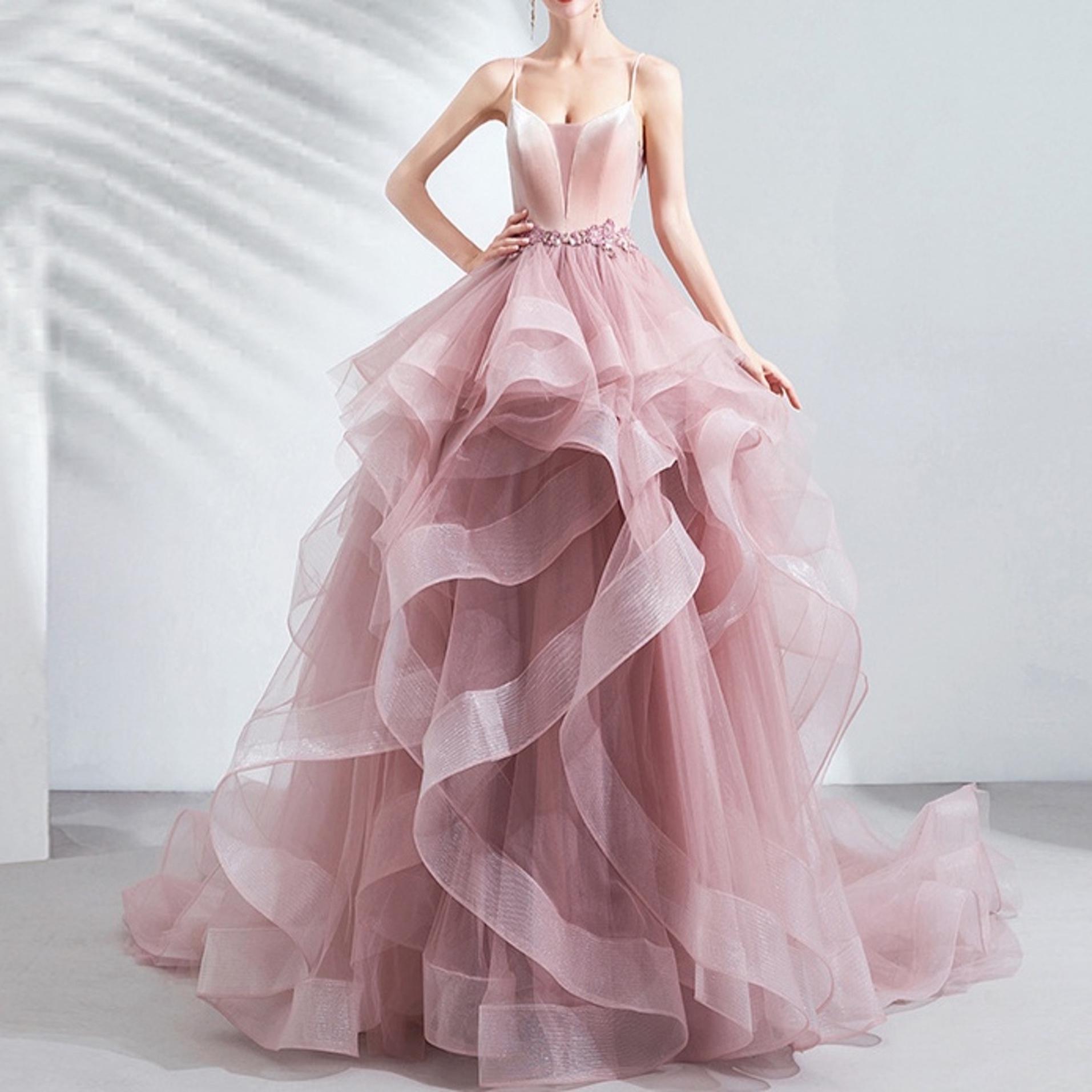 Rosa Spaghetti-Bügel-Korsett Abendkleid, abgestuften Tüll Abendkleid, Cocktailpartykleid, Abend-Partykleid, langes Ballkleid, Abschlusskleid