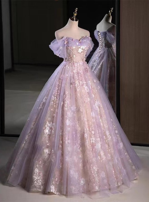 Dreamy Purple off Shoulder Tulle Prom Dress, Lace Prom Dress