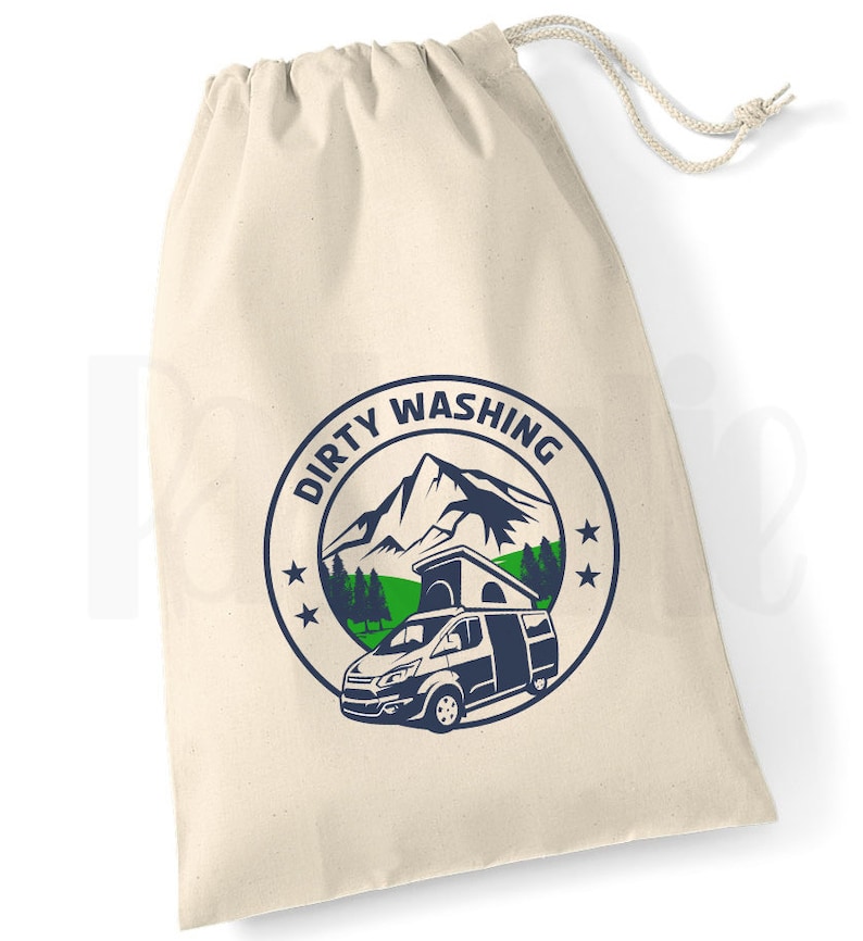 May include: A white canvas drawstring bag with a blue and green logo that says "Dirty Washing" and features a mountain scene with a camper van.