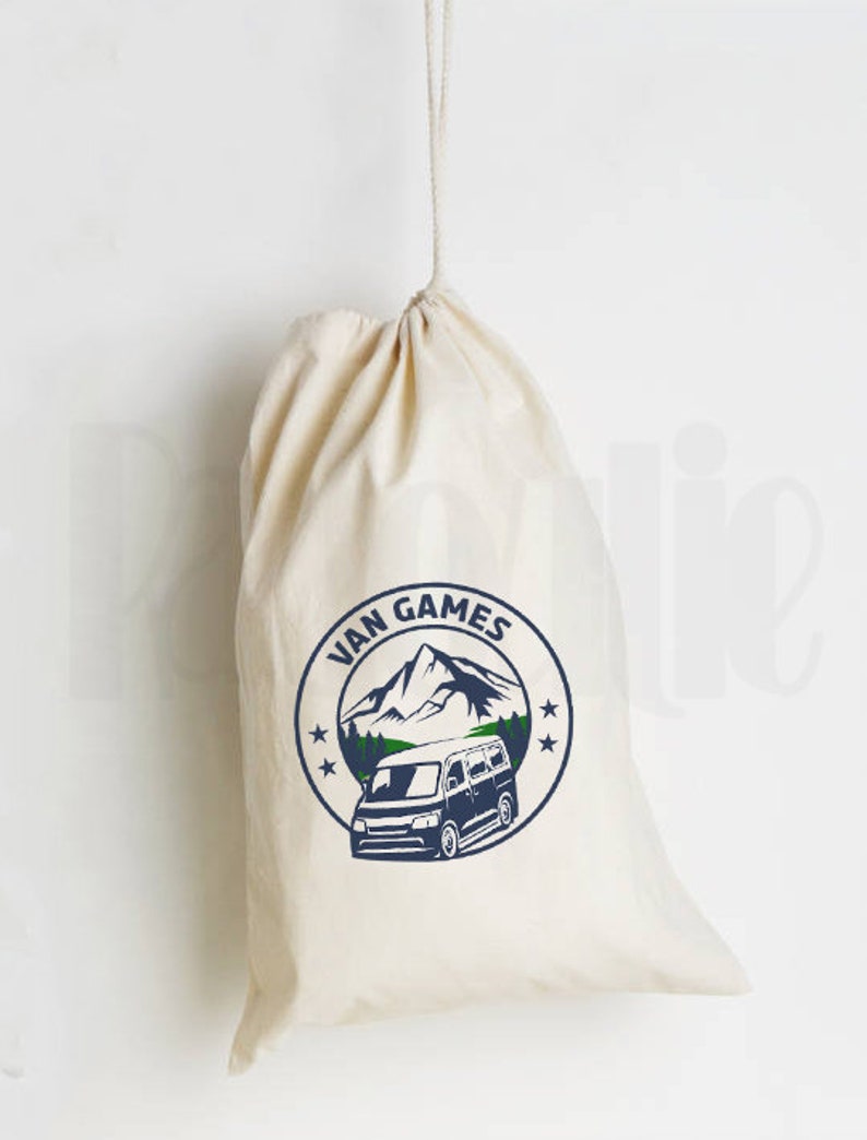 May include: A white canvas drawstring bag with a blue and green logo that says "Van Games". The logo features a mountain range and a van.