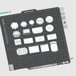 Peut inclure: Divers objets blancs imprimés en 3D, de formes variées, dont des engrenages, des rectangles et des cercles, disposés sur une grille noire. Le texte "Hatches" et "01" sont visibles. Les objets sont sur une plaque Bambu Textured PEI.