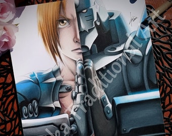 Disegno realistico a matita colorata in stile anime - FMA Ed e Al - Regalo per Natale, compleanno, fanart, sala giochi