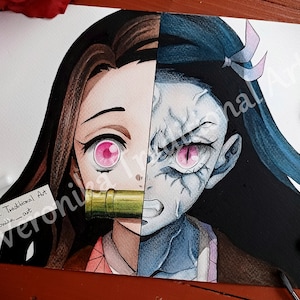 Anime Aquarellmalerei Nezuk0 - Mensch und Dämon Geschenk für Weihnachten Geburtstag Fanart Spielzimmer