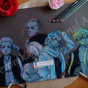 Anime Buntstiftzeichnung Glow Art Premium PRINT – Tokyo Rev Gruppenfoto – Geschenk für Weihnachten Geburtstag Fanart Game Room