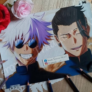 Anime Colored Pencil Drawing Premium PRINT - G0j0 & Get0 - Regalo para Navidad Cumpleaños Fanart Sala de juegos