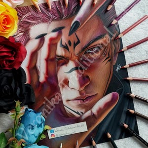 5ukuna JJK - Disegno a matita anime ritratto realistico - Regalo, fanart, stampa