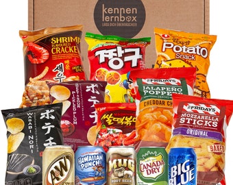 Snack Party Box | Kennenlernbox mit 12 beliebten Chips und Getränke aus den USA, Korea und Japan | Für Filmabende oder als Geschenkidee