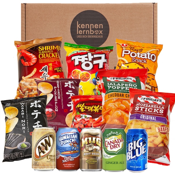 Snack Party Box | Kennenlernbox mit 12 beliebten Chips und Getränke aus den USA, Korea und Japan | Für Filmabende oder als Geschenkidee