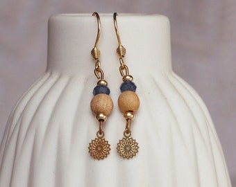 Palo Santo pearl earrings • hanging • mandala gold • dragon veins agate • sustainable • spiritual