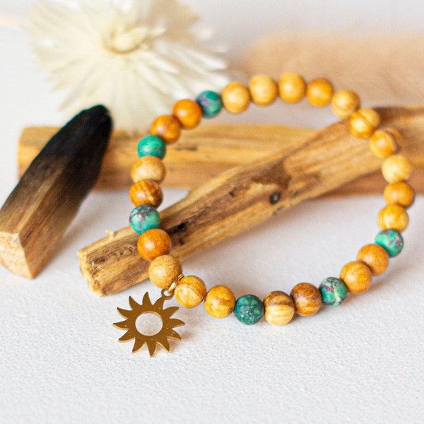 Palo Santo Armband, Sonne Anhänger gold, Türkis, Heiliges Holz