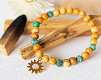 Palo Santo bracelet, sun pendant gold, turquoise, holy wood