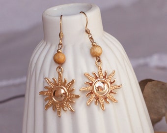 Palo Santo Perlen Ohrringe • hängend • Sonne gold • nachhaltig • spirituell