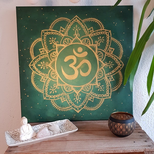 Mandala Bild auf Leinwand mit Acryl, Om Zeichen