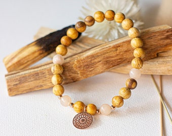Palo Santo bracelet, rose mandala, aventurine beads, holy wood