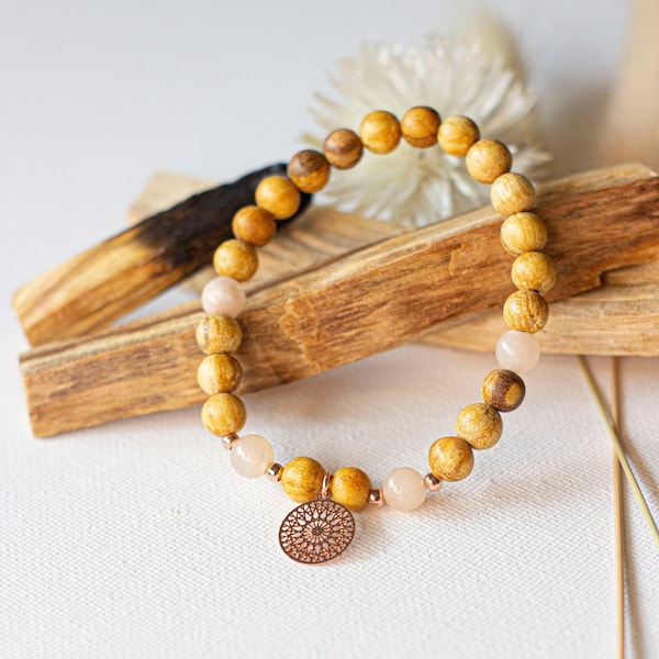 Palo Santo Armband, rose Mandala, Aventurin Perlen, Heiliges Holz