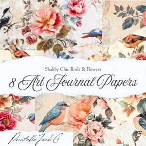 Carta da stampa Shabby Chic Birds & Flowers per diario creativo: 8 pagine di diario digitale, effimeri, carta per lavoretti, foglio collage, pastello