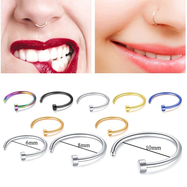 Open Nose Hoop Rings Hypoallergenic Nostril Rings Flat Twist Nasal 18G 1.0mm 316L Surgical Steel Nose Ring Hoop C Shape Nose Ear Jewellery