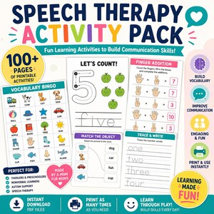 May include: A colorful educational activity pack for speech therapy, featuring printable pages with vocabulary bingo, counting, finger addition, and tracing exercises. The pack includes the text "SPEECH THERAPY ACTIVITY PACK" and "100+ PAGES OF PRINTABLE ACTIVITIES!"