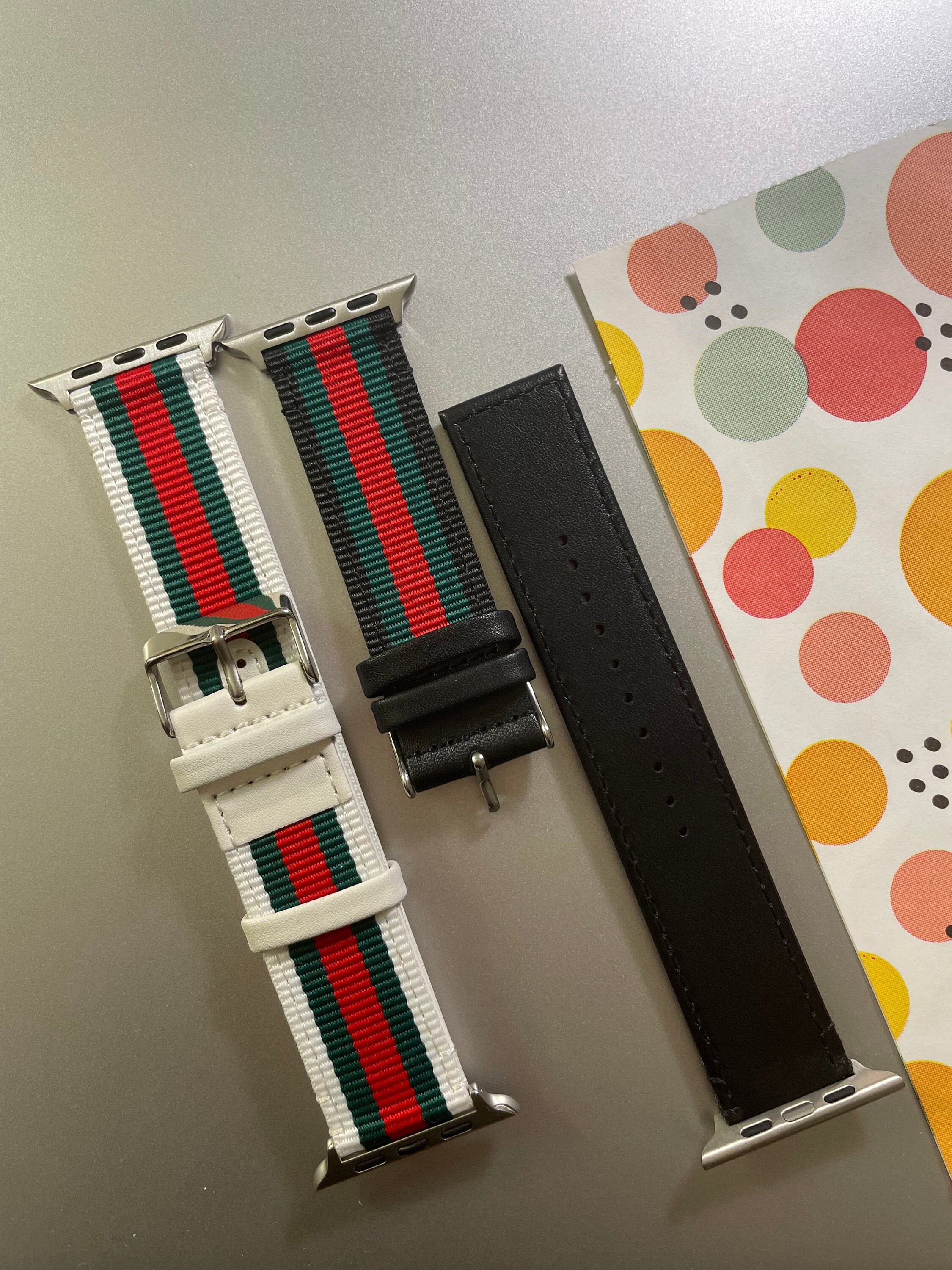 Luxury Leather Strap Green & Red Stripe  38/40mm 42/44mm for Apple an…