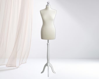 Maniquí femenino, forma de vestido, maniquí de costura femenino, funda – crema, soporte – madera blanca