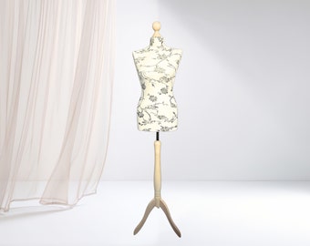 Mannequin female, Dress form, Sewing mannequin female, cover – cream-black flowers, stand – light wood