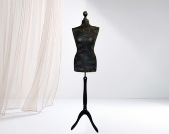 Mannequin female, Dress form, Sewing mannequin female, cover – black-brown flowers, stand – black wood