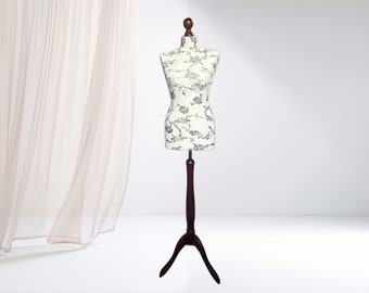 Mannequin female, Dress form, Sewing mannequin female, cover – cream-black flowers, stand – dark wood