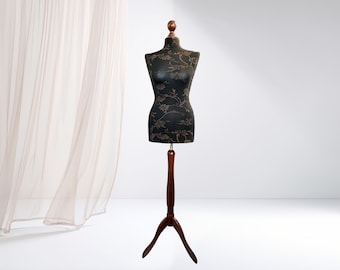 Mannequin female, Dress form, Sewing mannequin female, cover – black-brown flowers, stand – dark wood