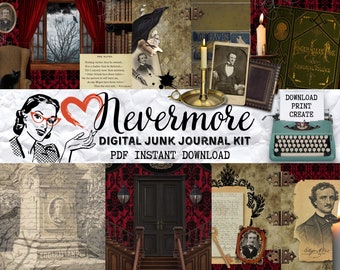 NEVERMORE- Edgar Allan Poe Ephemera, Journal Supplies, Junk Journal, Vintage Halloween, Edgar Allan Poe, Gothic Digitals, Vintage Ephemera