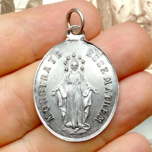 Holy Virgin Mary. Miraculous Large Medal. Antique Religious Silver Pendant.