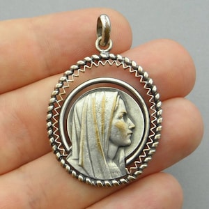 Holy Virgin Mary. Antique Religious Large Pendant. Openwork Medal.