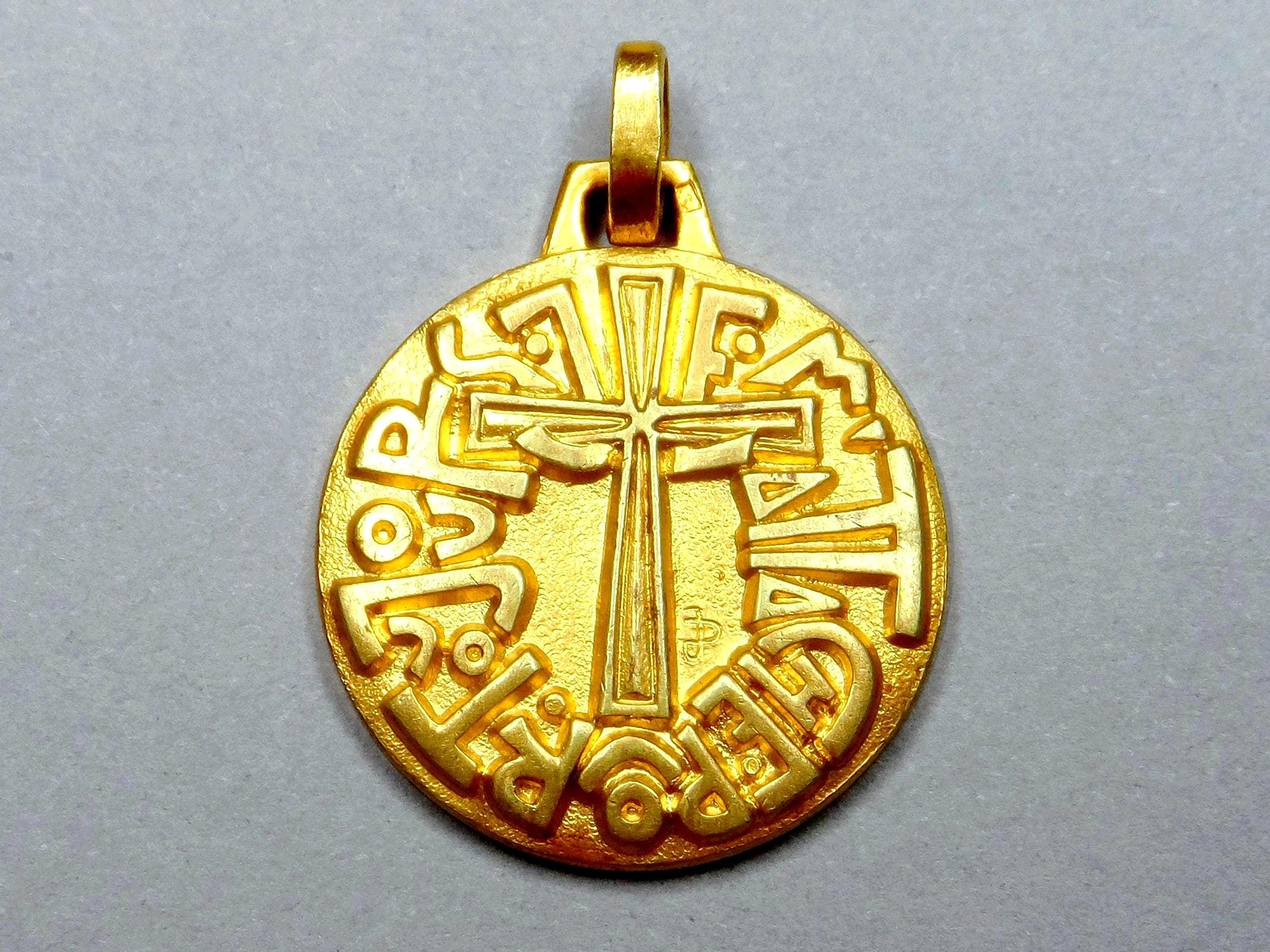 Ich bin für immer verbunden. Kreuzen. Anhänger mit antiker Vergoldung. Französische Medaille von Ferdinand Py.