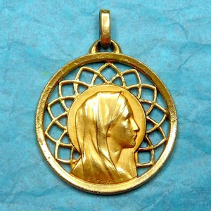 Saint Virgin Mary, by Dropsy. Antique Gold Plating Pendant. Large Religious Openwork Medal.