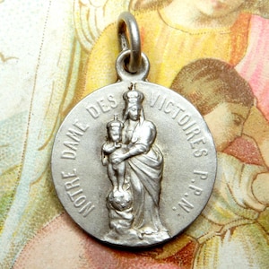 Our Lady of Victory. Holy Virgin Mary, Jesus. Antique Religious Pendant. French Medal.