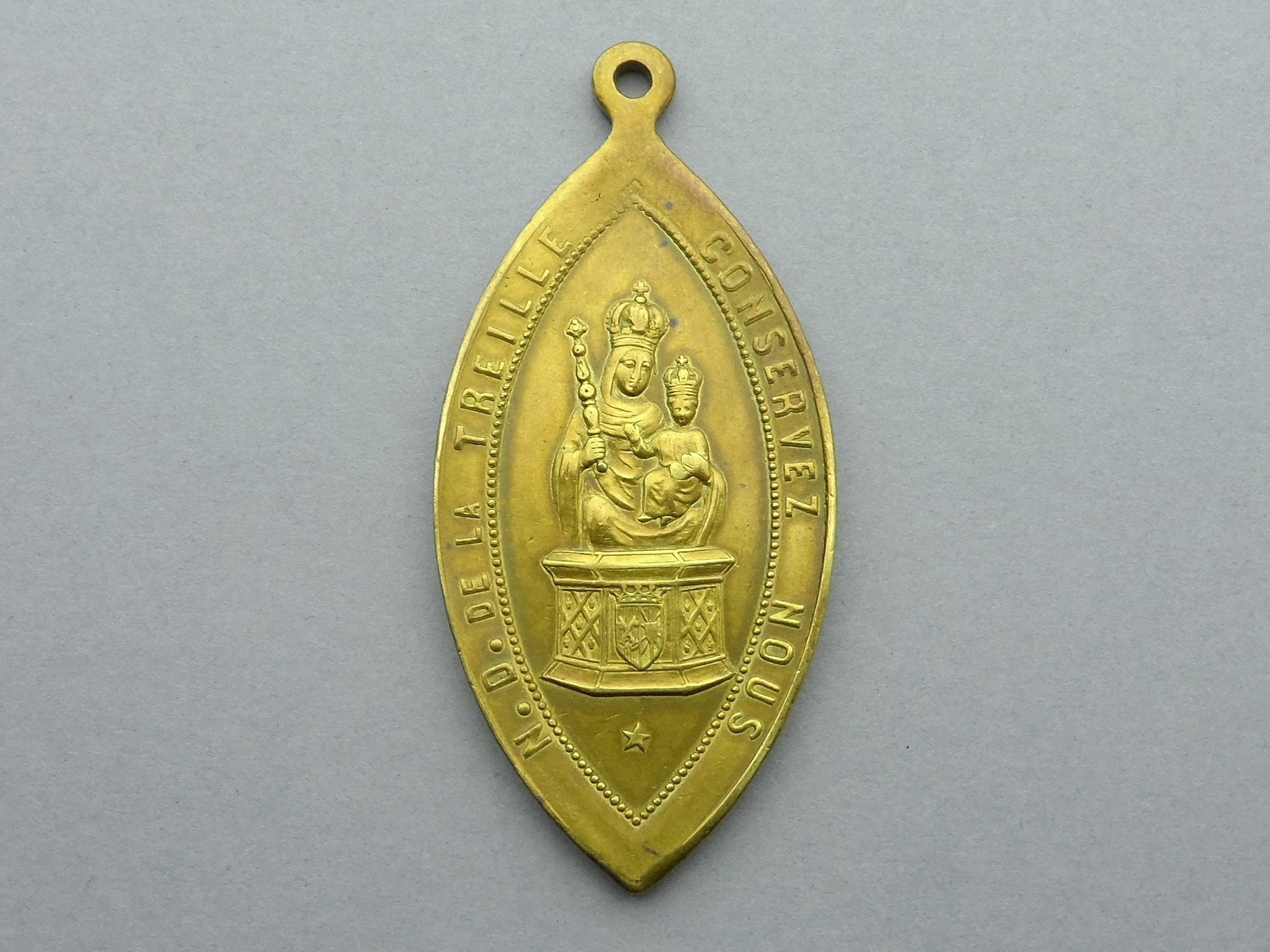 Our Lady of Treille. 1894. Pilgrimage Cambrai - Arras. Antique Religious Brass Pendant. Large Medal.