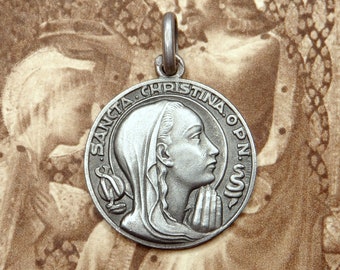 Saint Christina of Bolsena, Antique Religious Silver Pendant. Medal by Tschudin.