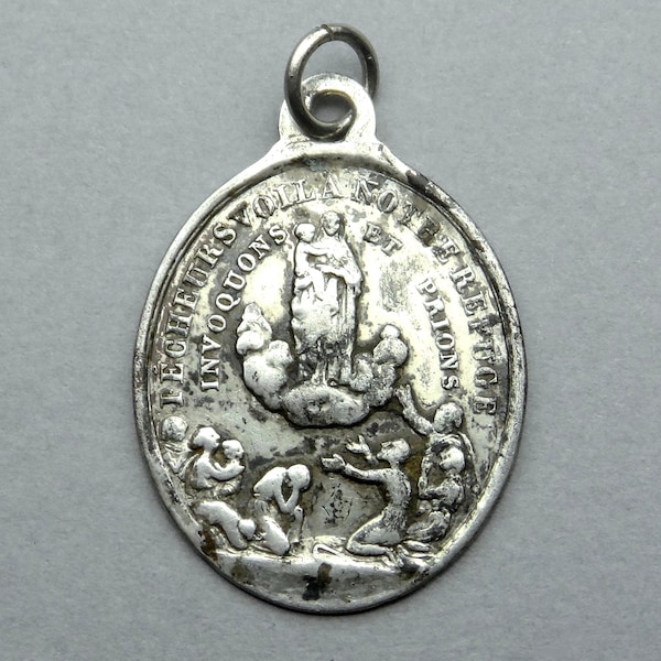 Sinners this is our refuge let us invoke and pray. Sacred Heart. Saint Virgin Mary and Christ. Antique Religious Silver Pendant.