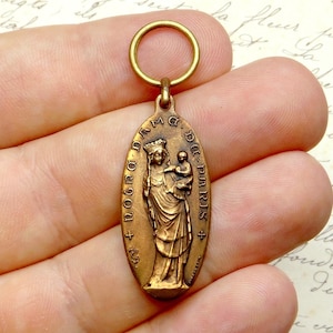 Our Lady of Paris. Antique Religious Large Pendant. French Bronze Medal.