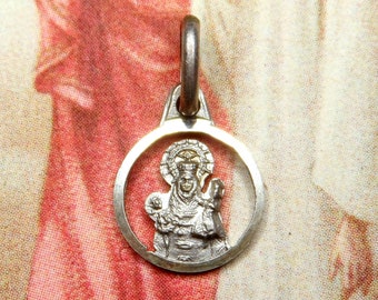 Our Lady of Rose. Antique Religious Little Pendant. Spain Silver Medal.
