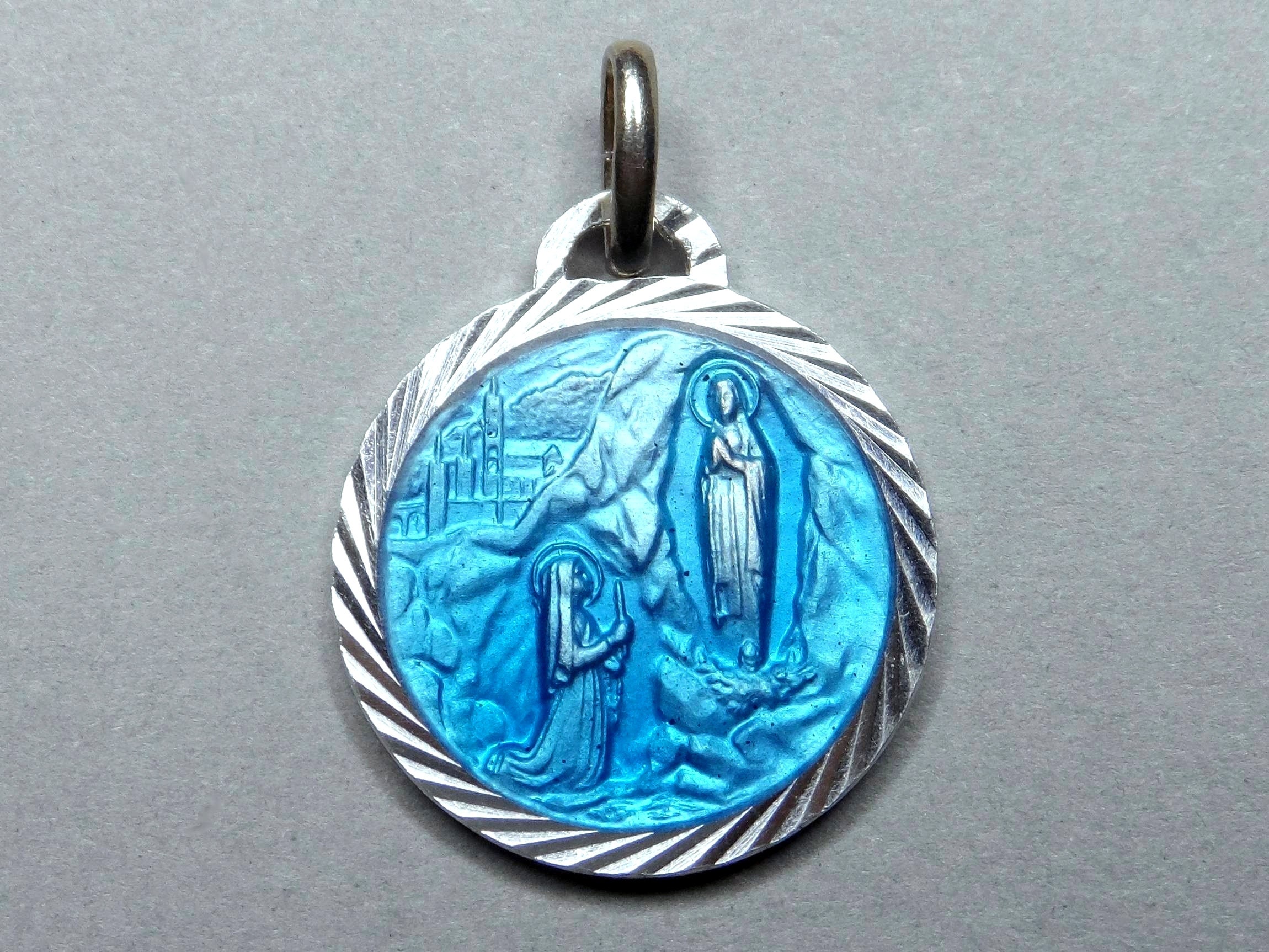 Saint Virgin Mary, Lourdes. Antique Religious Enamel Pendant. French Large Medal.