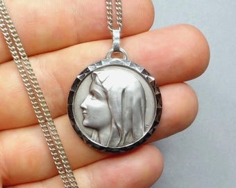 Holy Virgin Mary. Antique Religious Large Pendant and Chain. Necklace. Medal.