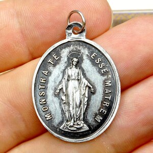 Holy Virgin Mary. Miraculous Large Medal. Antique Religious Silver Pendant.