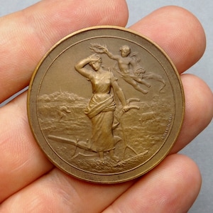 Woman, Female, Farming, Cherub, Plow, Hay rake. Antique Large Medal. By Desaide.
