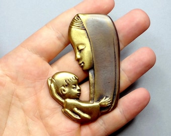Holy Virgin Mary and Jesus. Wall Brass Pendant. Antique Religious Large Medal.