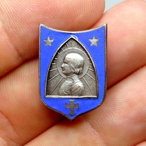 Saint Joan of Arc, Cross and Stars. Antique Religious Enamel Brooch. French Medal.