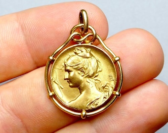 Artemis, Diana, Woman. Antique Gold Filled ORIA Medal. Art Nouveau. French Large Pendant by Louis Armand Rault.