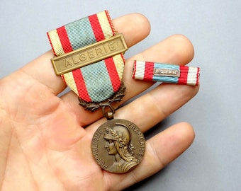 North Africa Security & Order Operations Commemorative Medal and Barrette Algeria War. Antique French medal with ribbon by Charles.